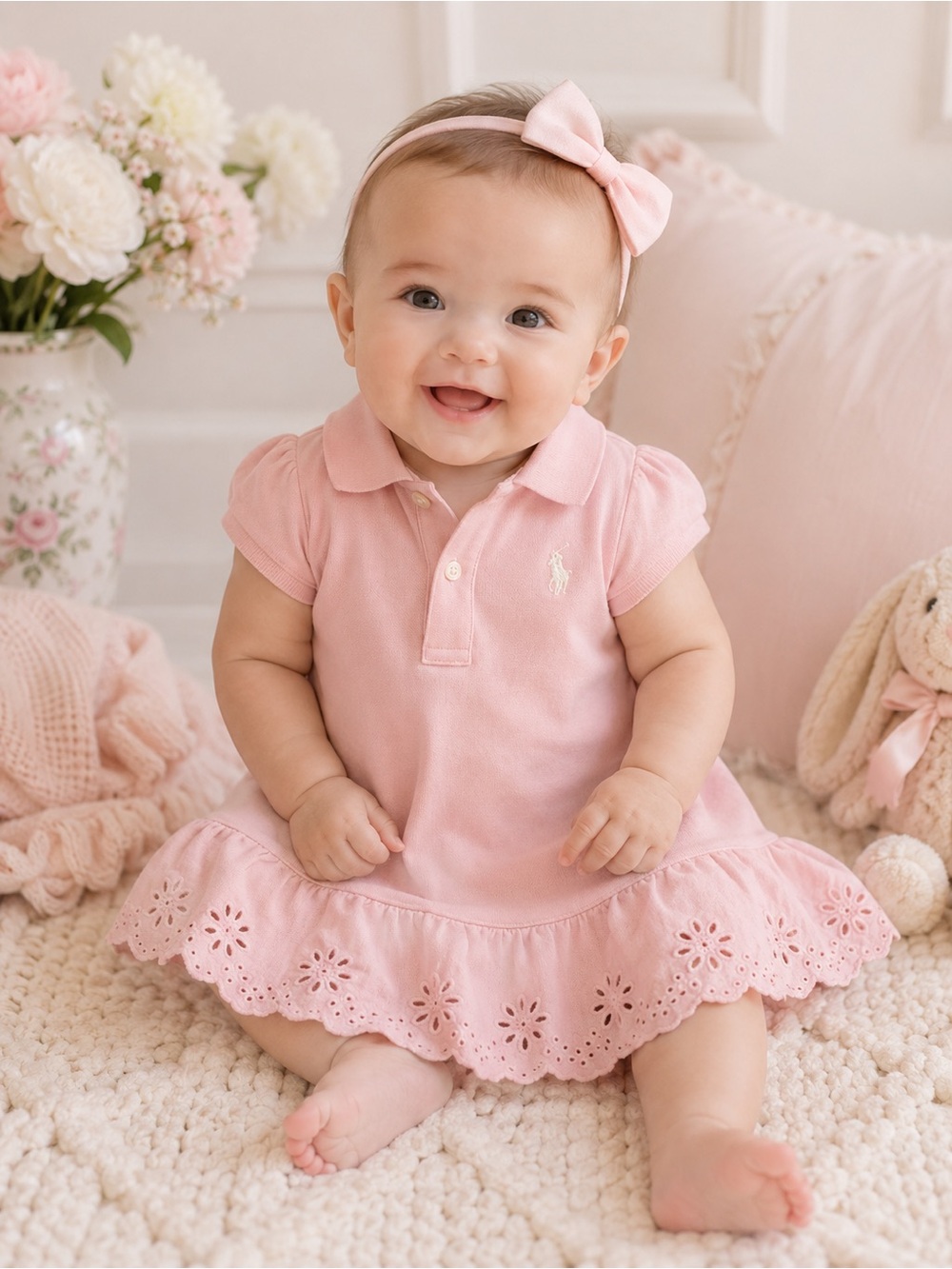 Ralph Lauren Blue Label Pink Polo Dress Short Sleeves Eyelet Lace Trim Size 9M